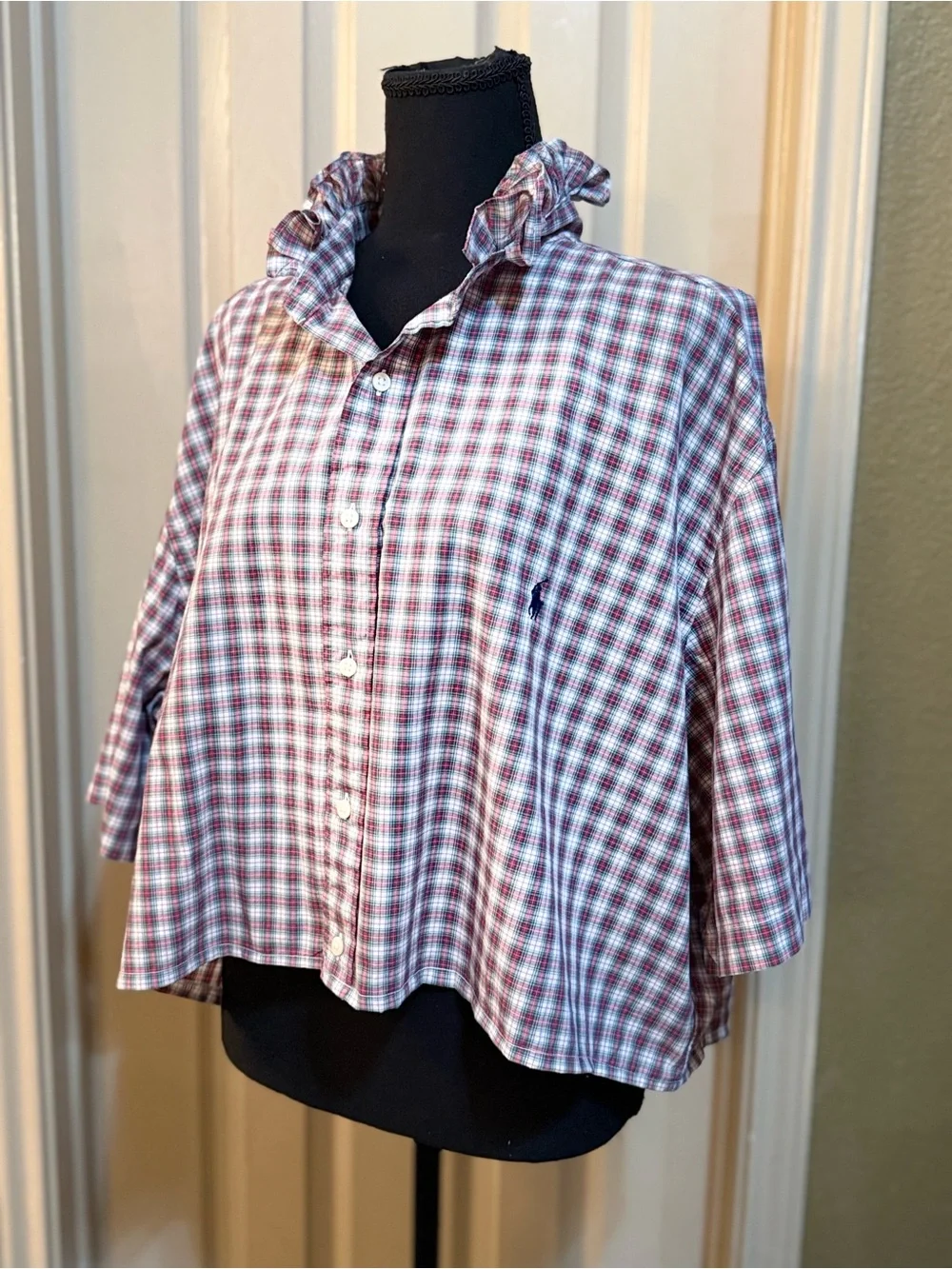 Polo by Ralph Lauren Pink & Blue Plaid Ruffle-Collar Button-Down - Picture 2 of 8